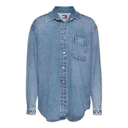 Light Denim - Front - Tommy Jeans Womens-Ladies Denim Relaxed Fit Long-Sleeved Shirt