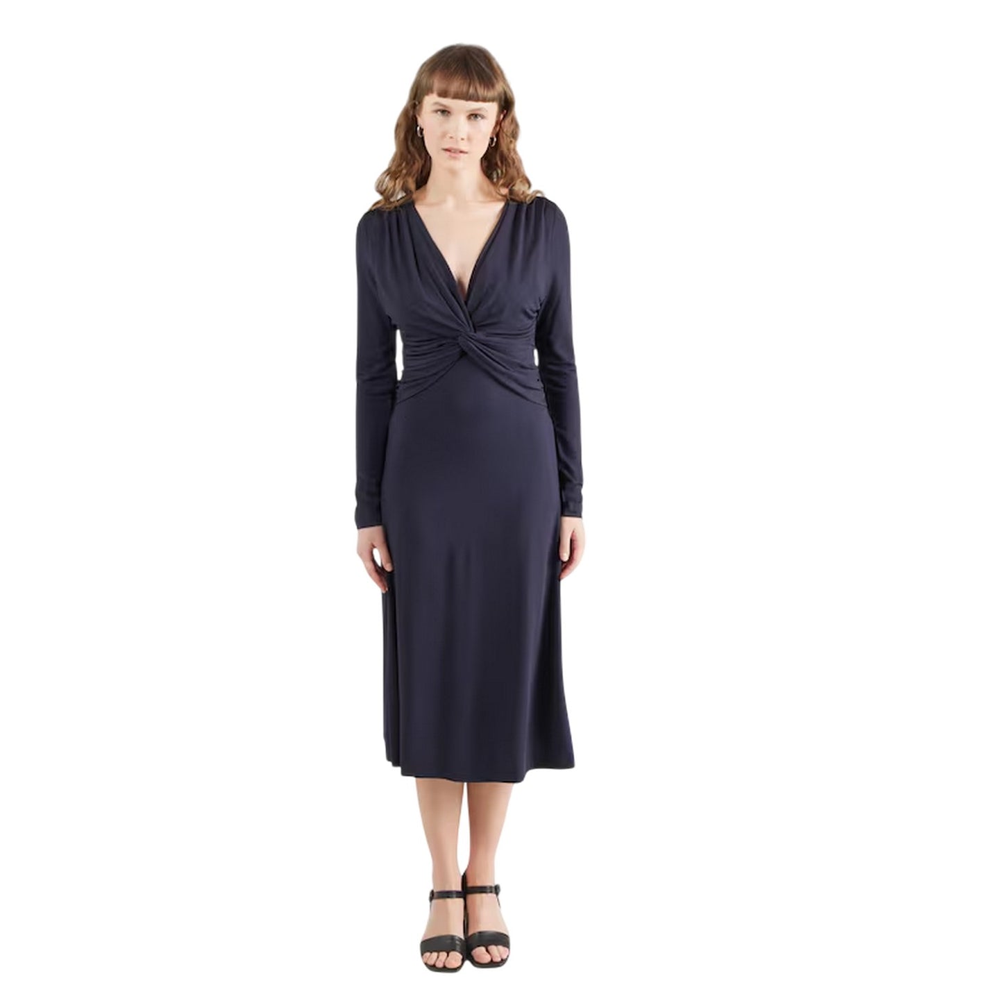 Dark Blue - Lifestyle - Boss Womens-Ladies Eulo V Neck Long-Sleeved Wrap Dress