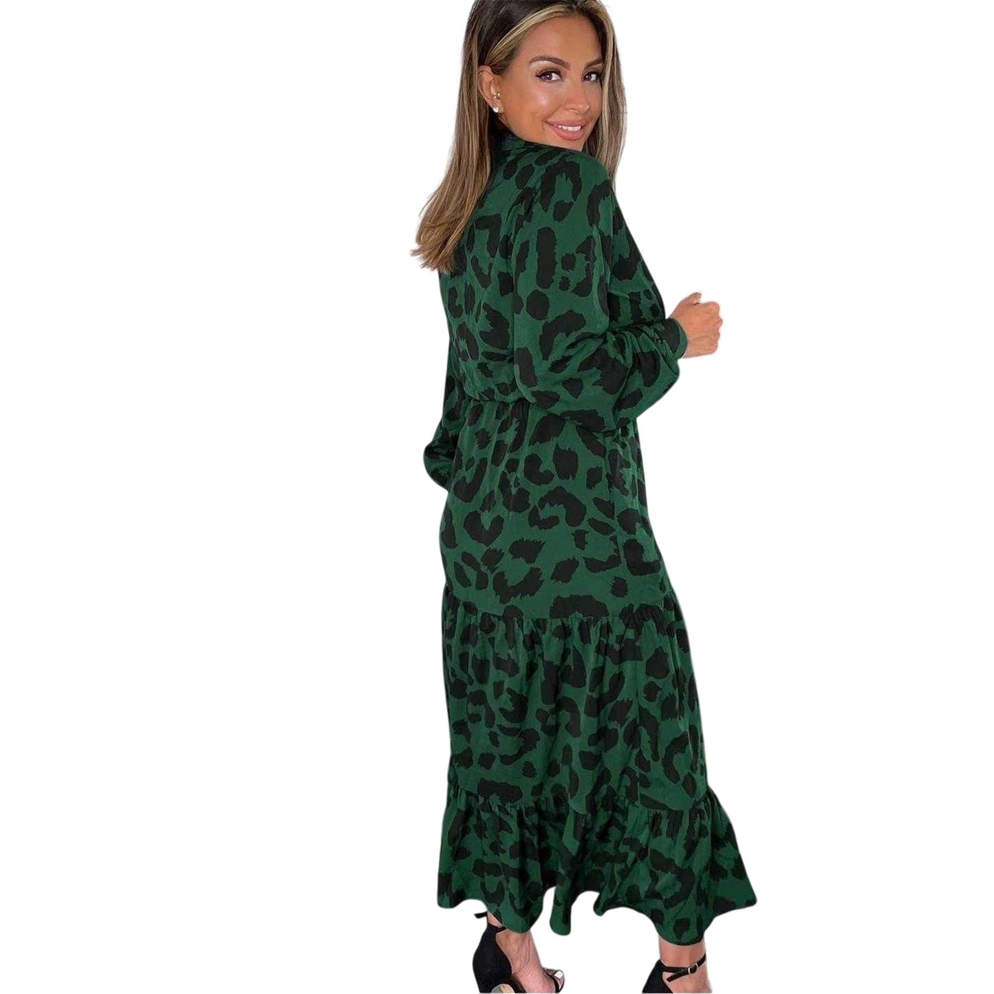 Green - Back - AX Paris Womens-Ladies Leopard Print Long-Sleeved Smock Dress