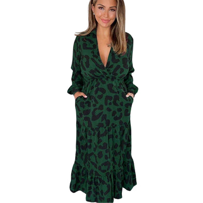 Green - Side - AX Paris Womens-Ladies Leopard Print Long-Sleeved Smock Dress