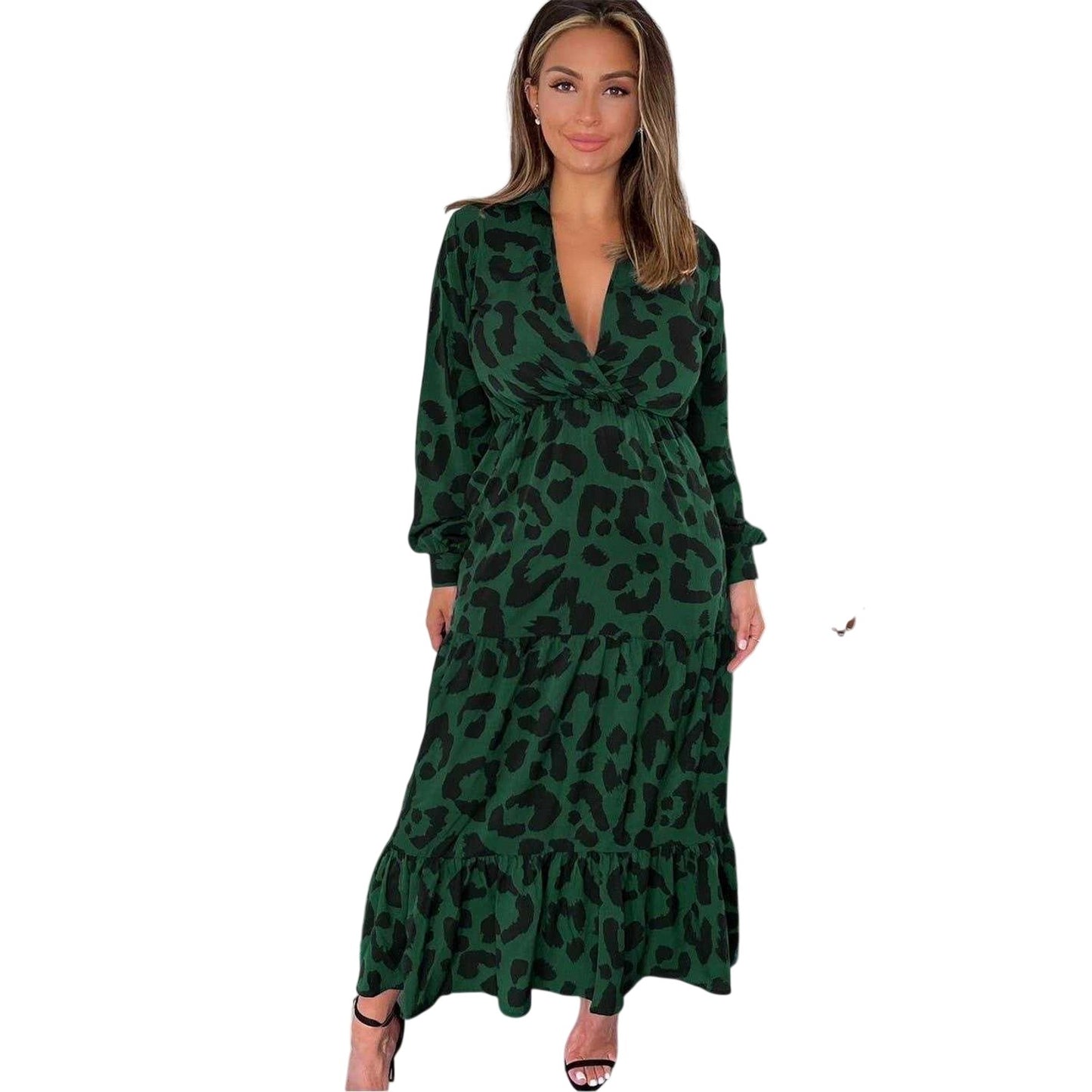 Green - Front - AX Paris Womens-Ladies Leopard Print Long-Sleeved Smock Dress