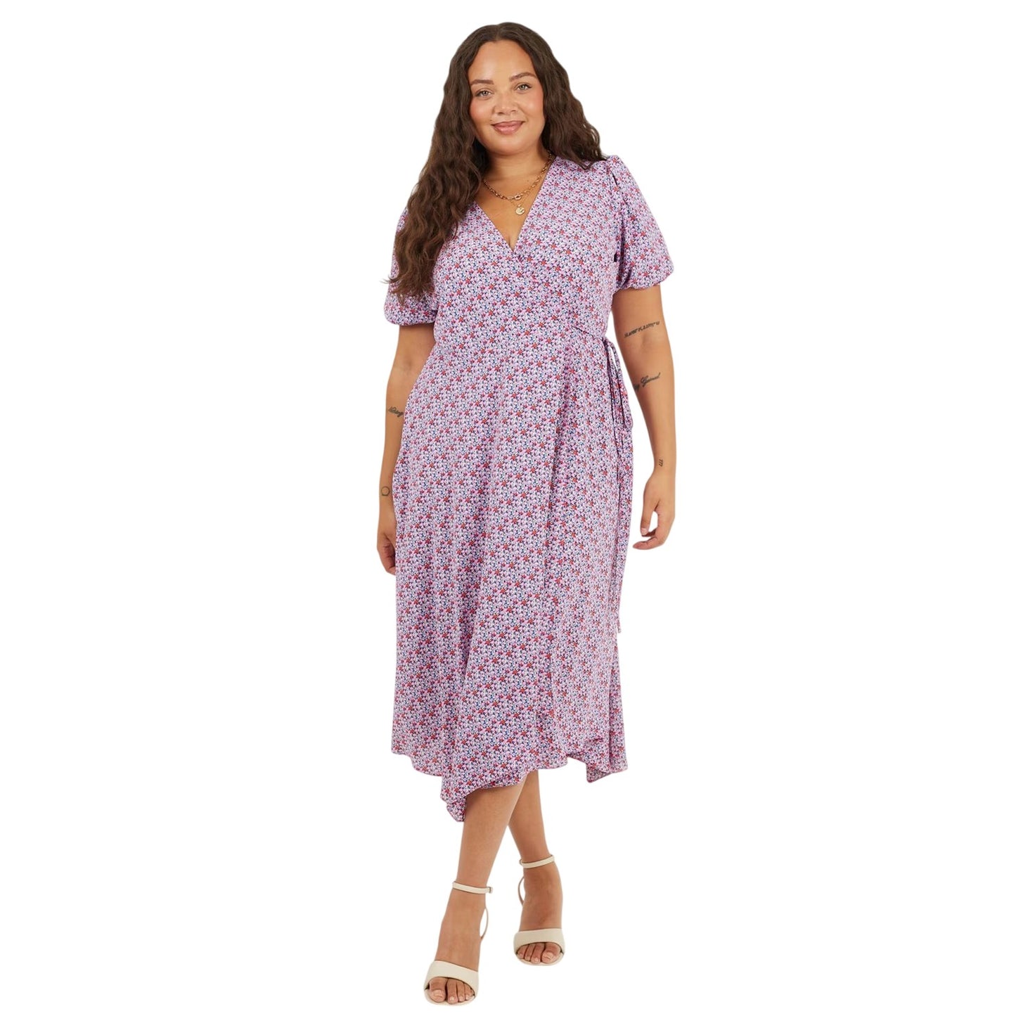 Pink - Side - Brave Soul Womens-Ladies Floral V Neck Curved Short-Sleeved Wrap Dress