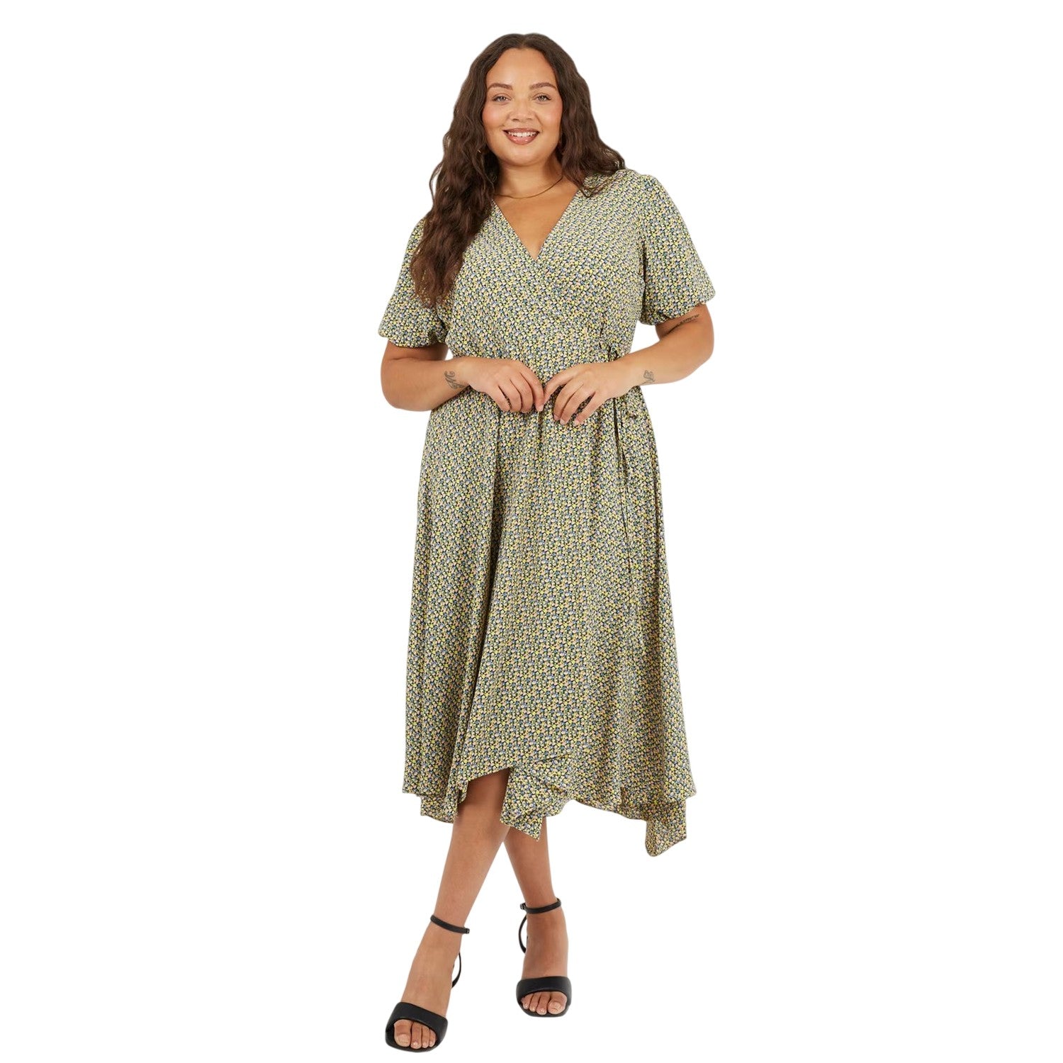 Green - Side - Brave Soul Womens-Ladies Floral V Neck Curved Short-Sleeved Wrap Dress