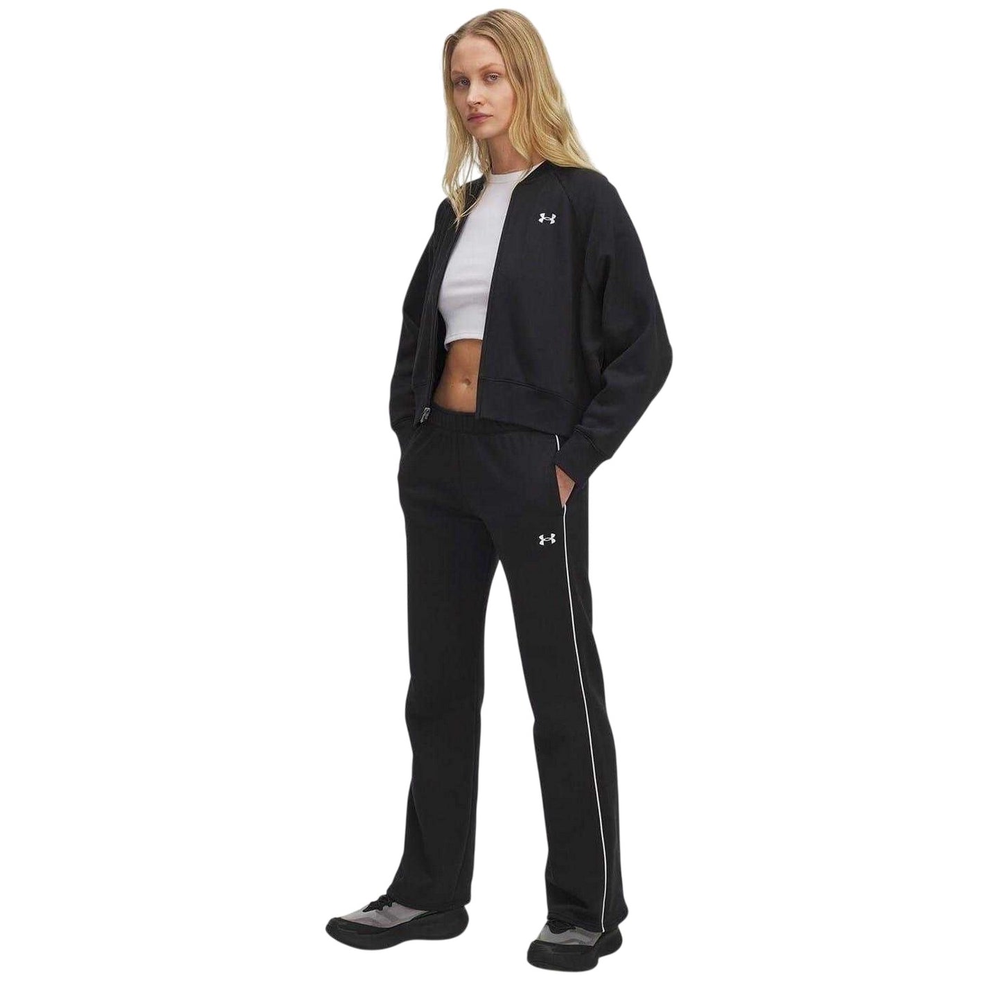 Black - Side - Under Armour Womens-Ladies Rival Side Stripe Flared Sweatpants