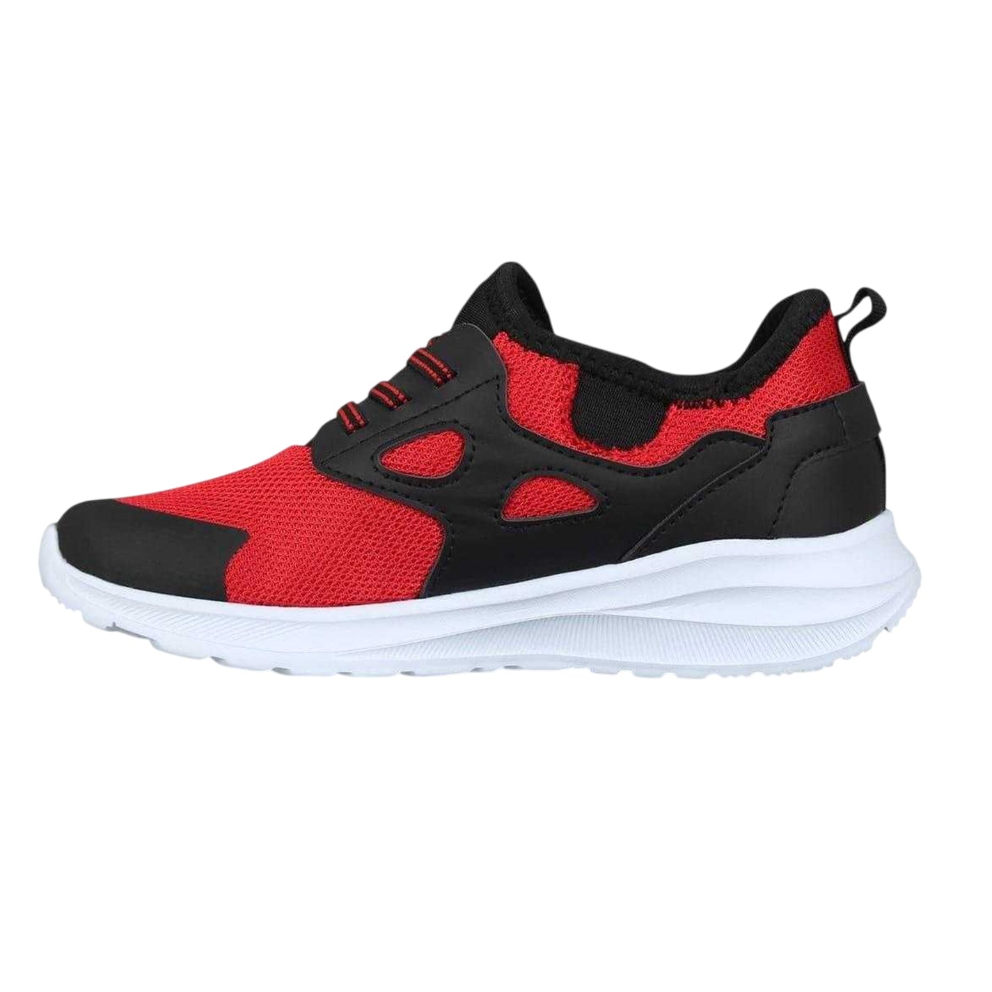 Red-Black - Side - Fabric Childrens-Kids Leather Lace Up Running Trainers