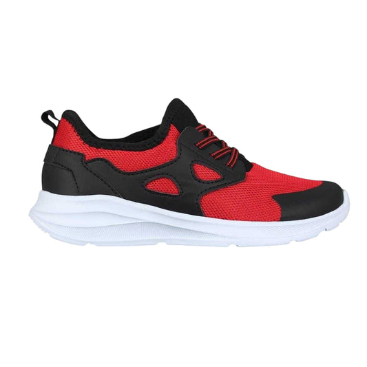Red-Black - Front - Fabric Childrens-Kids Leather Lace Up Running Trainers