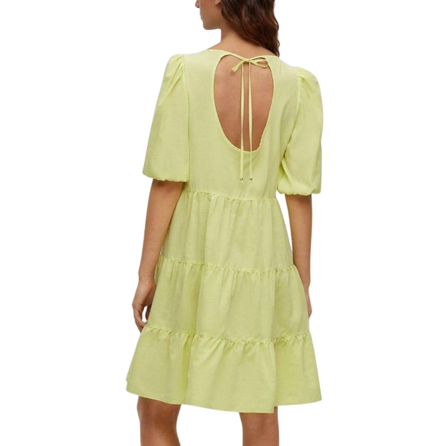 Yellow - Back - Hugo Womens-Ladies Tiered Puff Sleeve Midi Dress