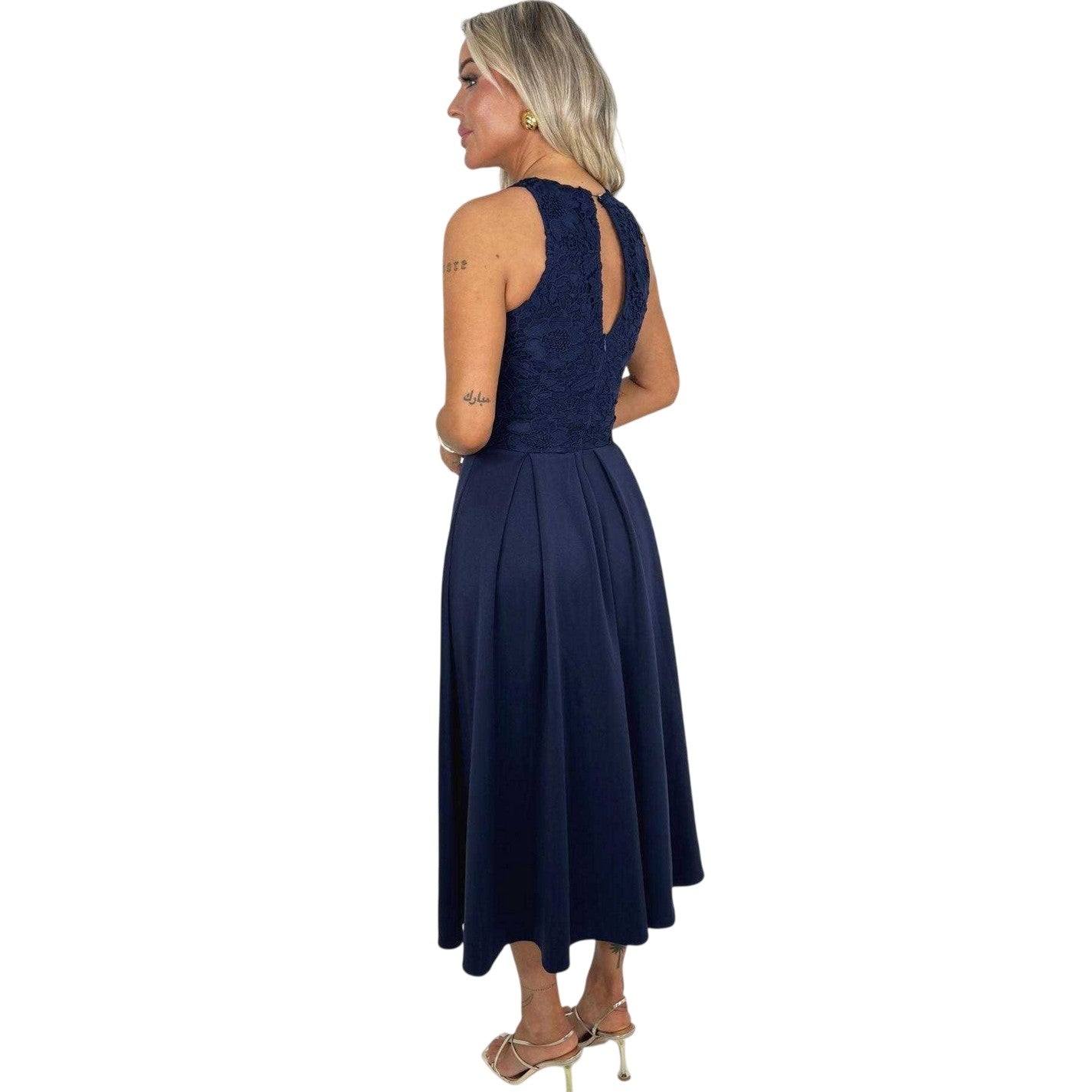 Navy - Back - AX Paris Womens-Ladies Embroidered Lace Overlay Midi Dress
