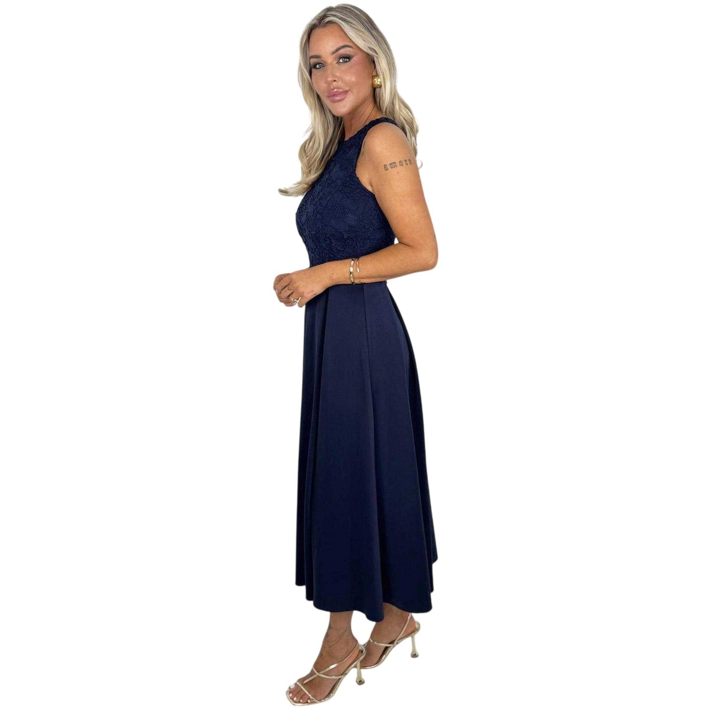 Navy - Side - AX Paris Womens-Ladies Embroidered Lace Overlay Midi Dress