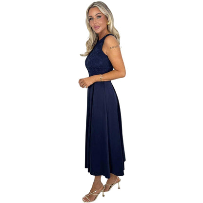 Navy - Side - AX Paris Womens-Ladies Embroidered Lace Overlay Midi Dress