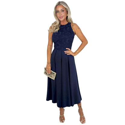 Navy - Lifestyle - AX Paris Womens-Ladies Embroidered Lace Overlay Midi Dress