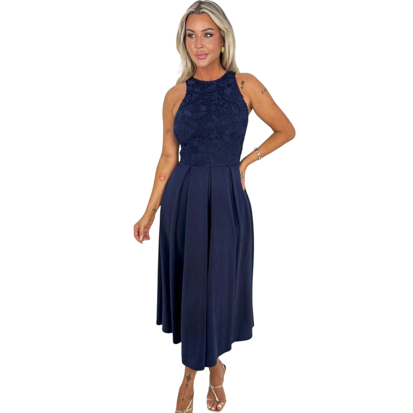 Navy - Front - AX Paris Womens-Ladies Embroidered Lace Overlay Midi Dress