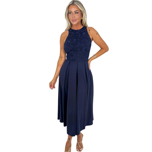 Navy - Front - AX Paris Womens-Ladies Embroidered Lace Overlay Midi Dress