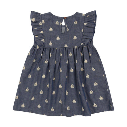 Blue Print - Back - Lilly & Sid Girls Sailboat Crew Neck Dress