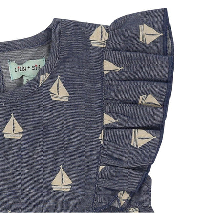 Blue Print - Side - Lilly & Sid Girls Sailboat Crew Neck Dress