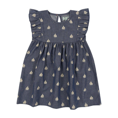 Blue Print - Front - Lilly & Sid Girls Sailboat Crew Neck Dress