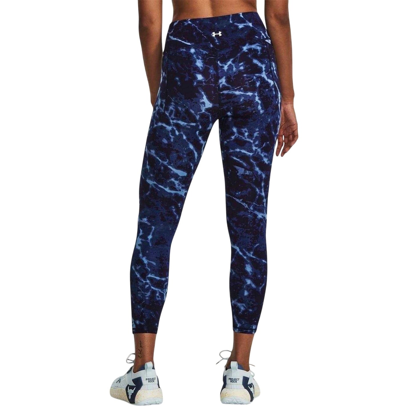 Blue - Back - Under Armour Womens-Ladies Project Rock Marble Compression 7-8 Leggings