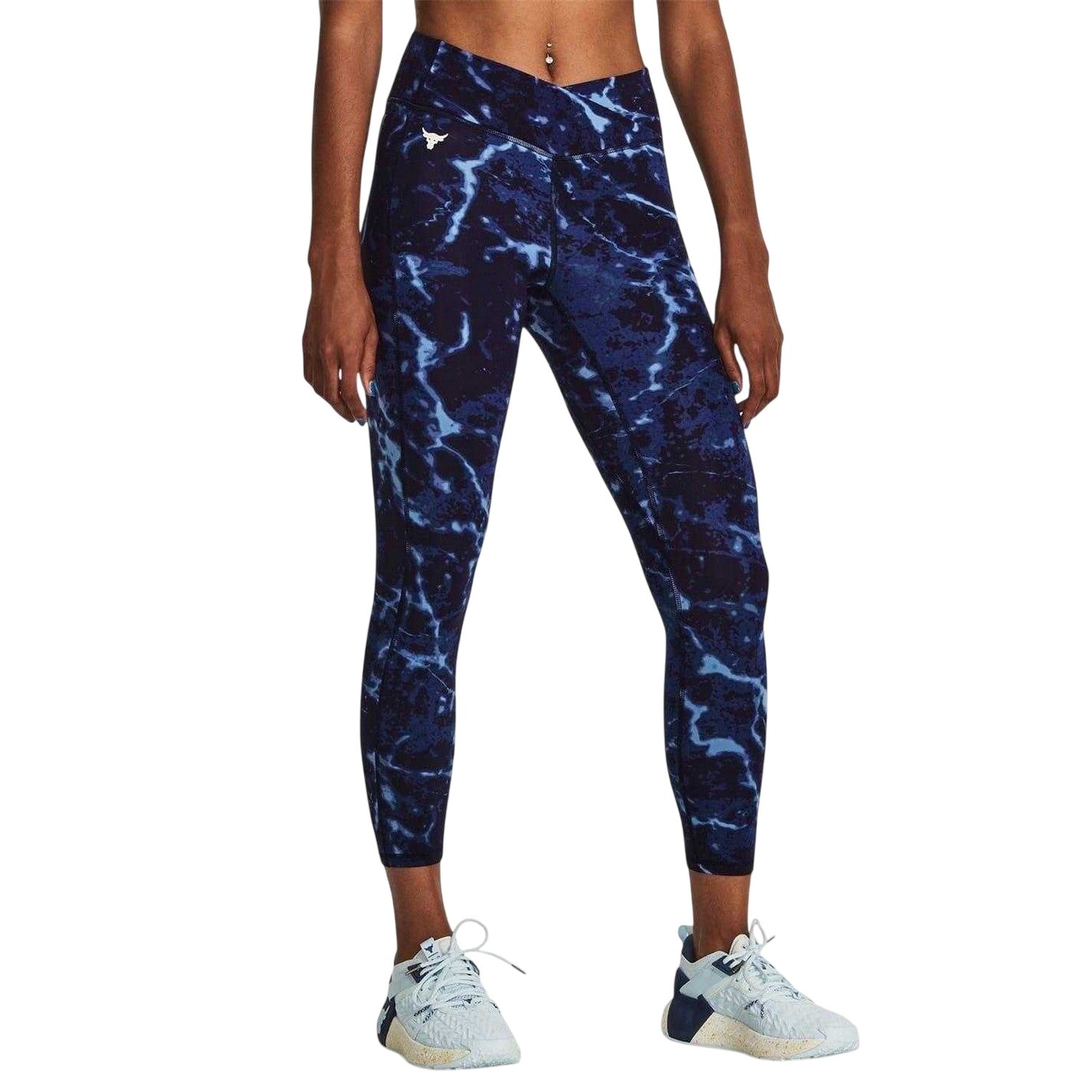 Blue - Side - Under Armour Womens-Ladies Project Rock Marble Compression 7-8 Leggings