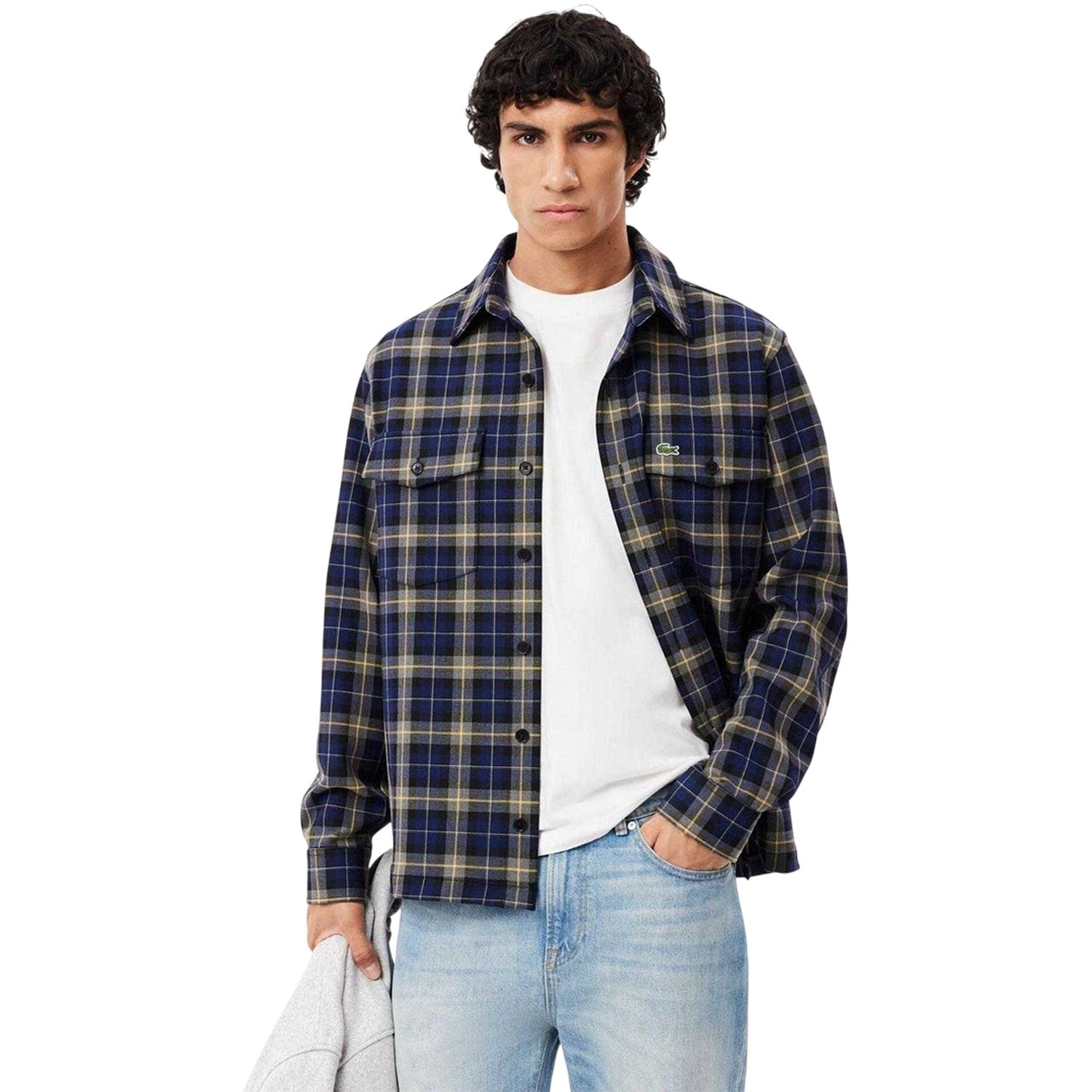 Navy - Side - Lacoste Mens Checked Embroidered Overshirt