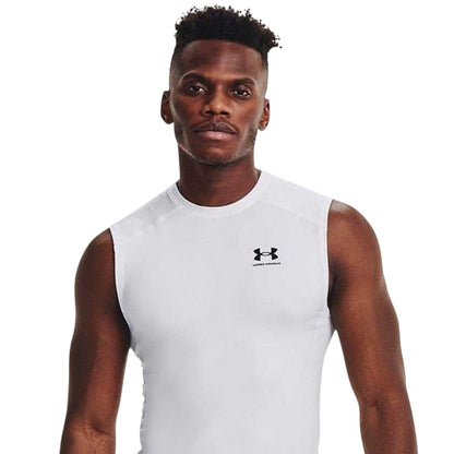 White-Black - Side - Under Armour Mens HeatGear Sleeveless Compression Shirt
