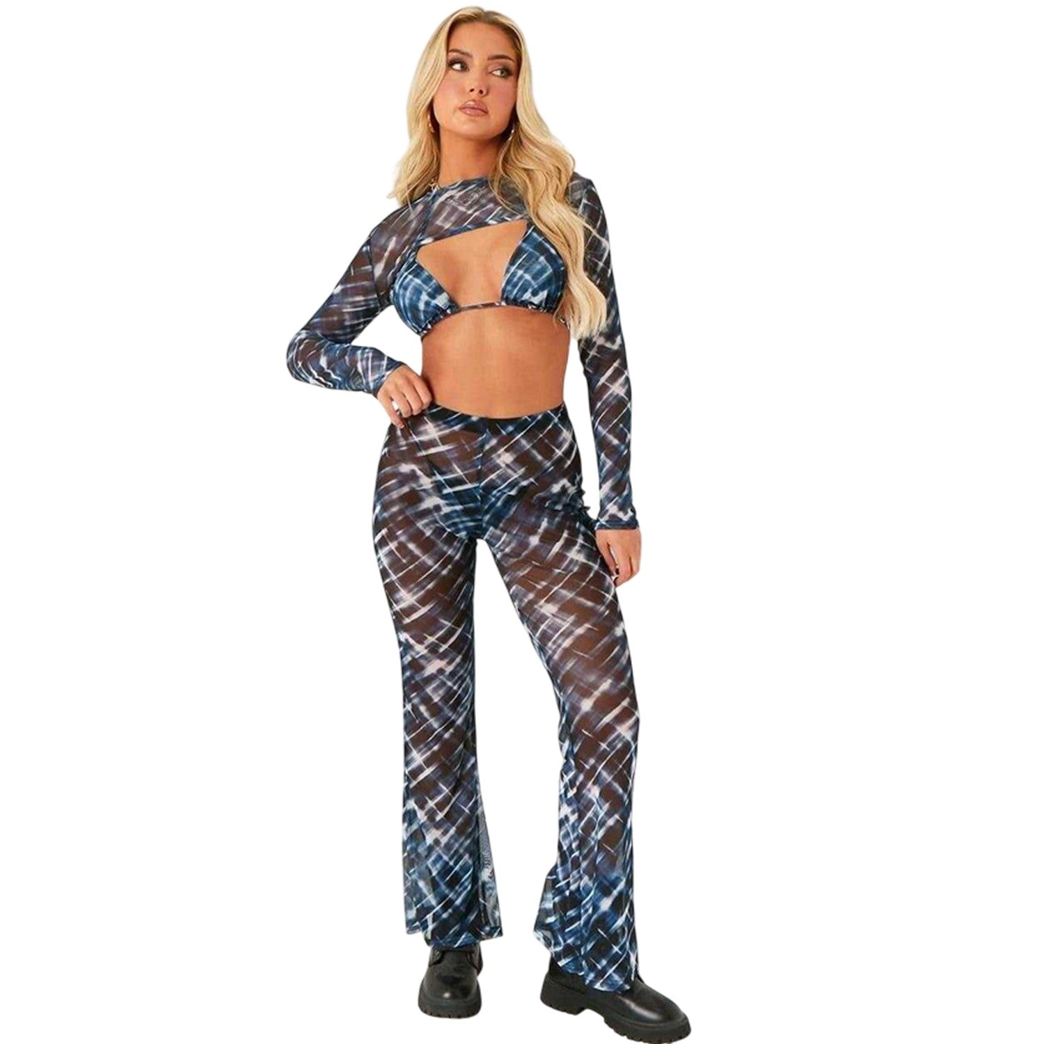 Blue - Back - Missy Empire Womens-Ladies Mesh Printed Trousers