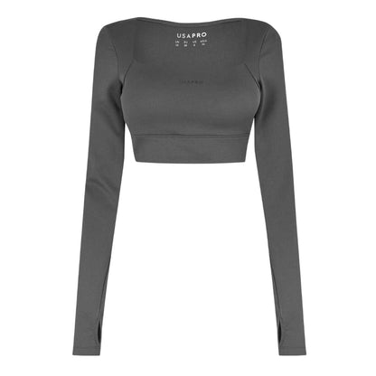 Shark Grey - Front - USA Pro Womens-Ladies Ruched Long-Sleeved Crop Top
