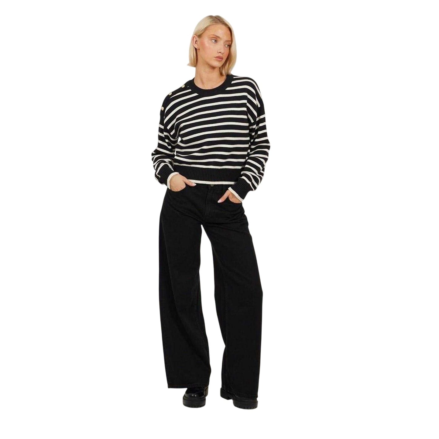 Black-Ivory - Lifestyle - Brave Soul Womens-Ladies Striped Button Detail Boxy Jumper