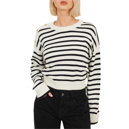 Ivory-Black - Front - Brave Soul Womens-Ladies Striped Button Detail Boxy Jumper
