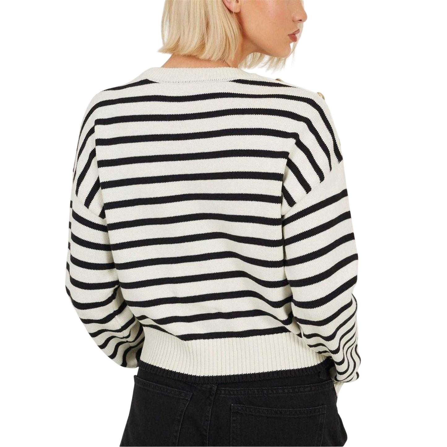 Ivory-Black - Back - Brave Soul Womens-Ladies Striped Button Detail Boxy Jumper