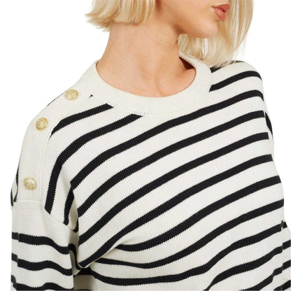 Ivory-Black - Side - Brave Soul Womens-Ladies Striped Button Detail Boxy Jumper