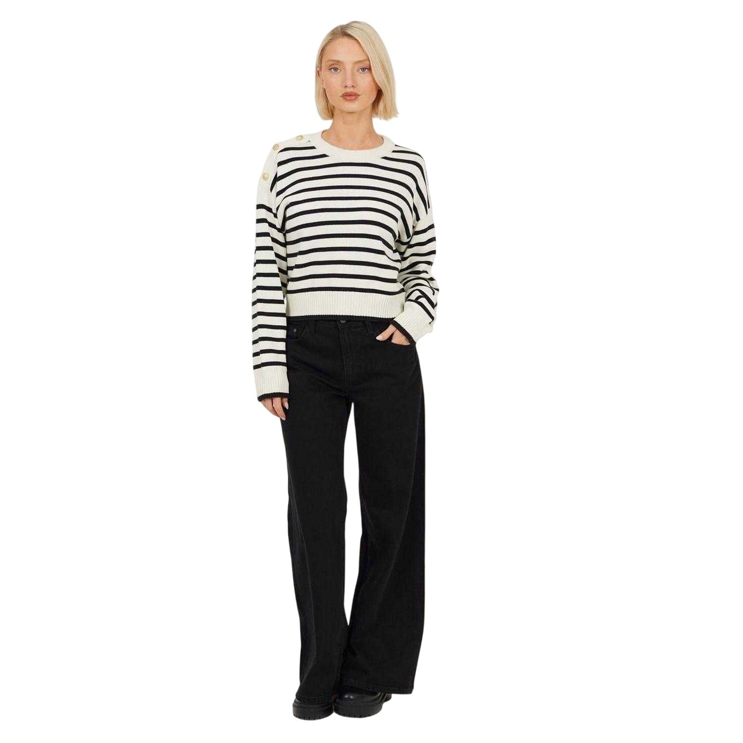 Ivory-Black - Lifestyle - Brave Soul Womens-Ladies Striped Button Detail Boxy Jumper