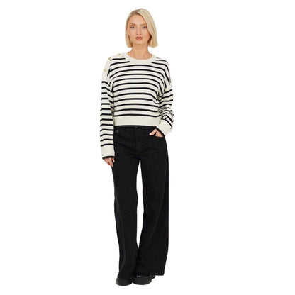 Ivory-Black - Lifestyle - Brave Soul Womens-Ladies Striped Button Detail Boxy Jumper