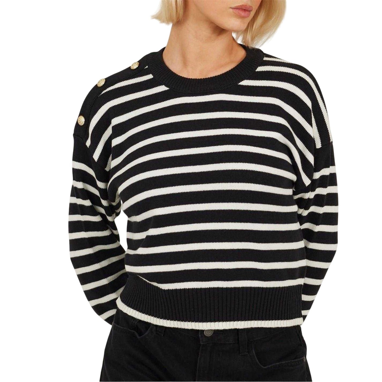 Black-Ivory - Front - Brave Soul Womens-Ladies Striped Button Detail Boxy Jumper