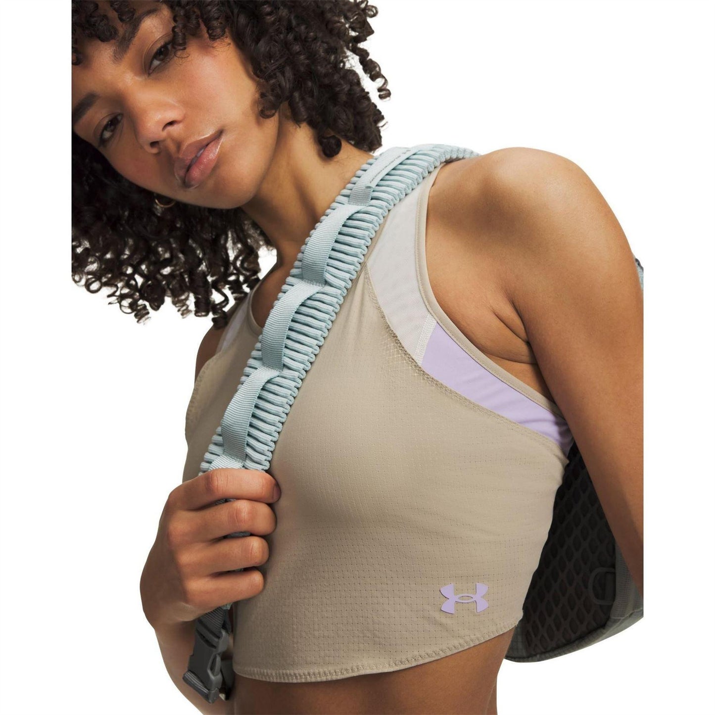 Khaki-Purple - Side - Under Armour Womens-Ladies Trail Run Cropped Tank Top