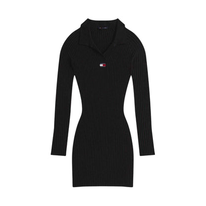 Black - Front - Tommy Jeans Womens-Ladies Badge Ribbed Mini Dress