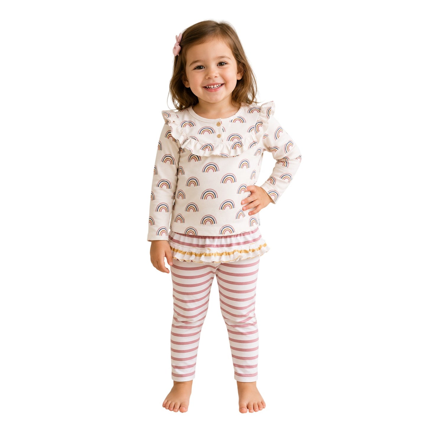 White-Pink - Back - Lilly & Sid Baby Girls Rainbow Ruffles Top And Leggings Set