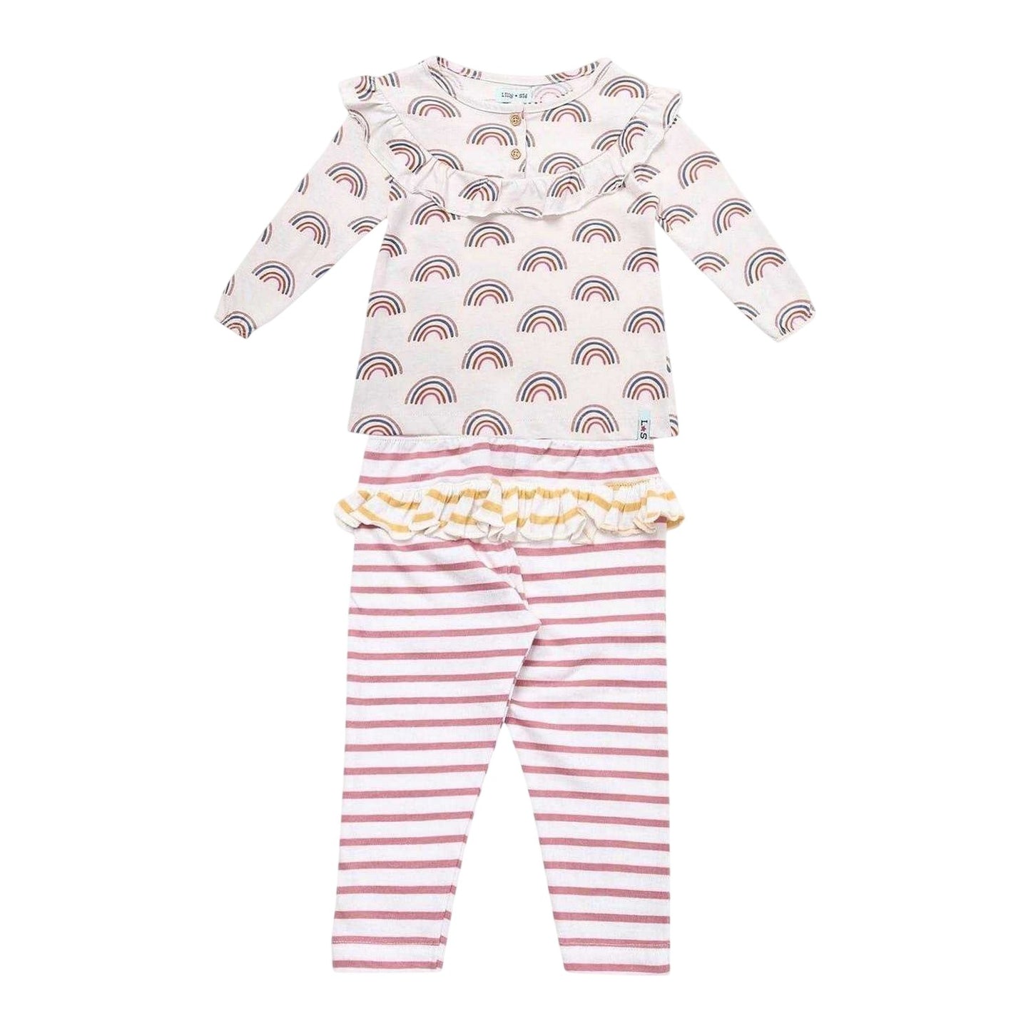 White-Pink - Front - Lilly & Sid Baby Girls Rainbow Ruffles Top And Leggings Set