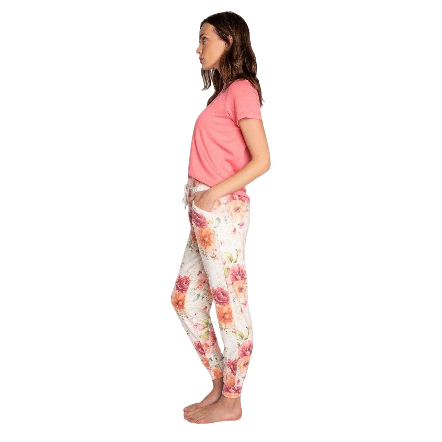 Beige - Back - PJ Salvage Womens-Ladies Jersey Floral Pyjama Bottoms