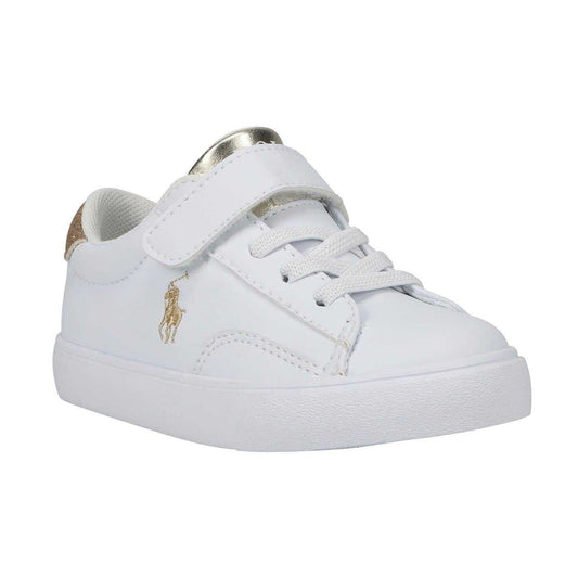 White-Gold - Front - Ralph Lauren Childrens-Kids Theron V Flat Court Shoes
