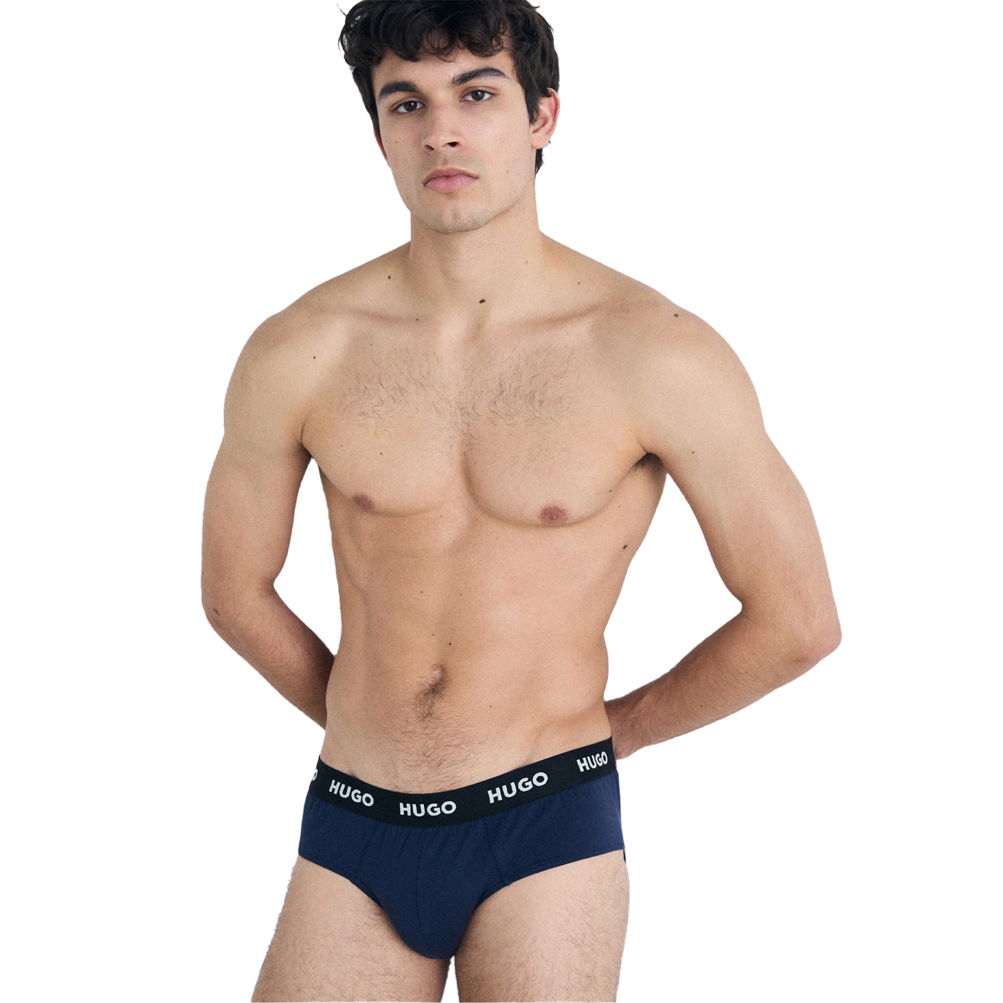 Navy - Side - Hugo Mens Logo Stretch Briefs (Pack of 3)