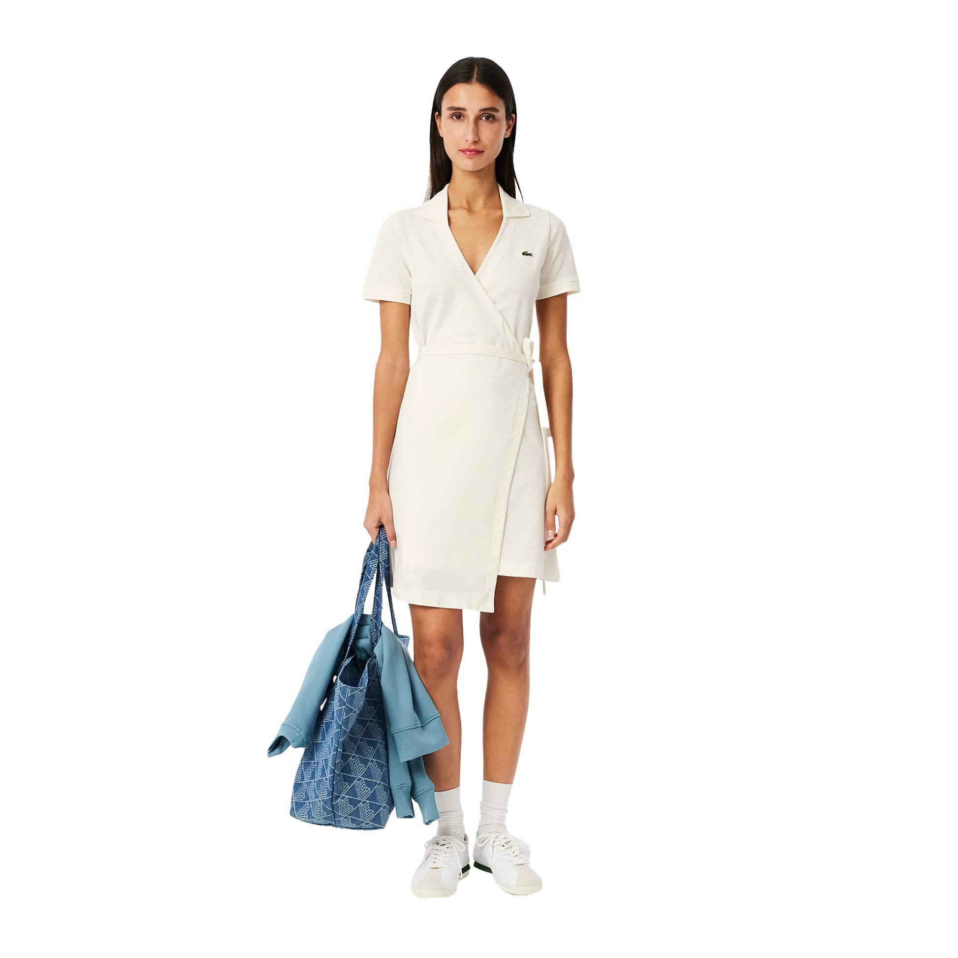 White - Pack Shot - Lacoste Womens-Ladies V Neck Short-Sleeved Wrap Dress