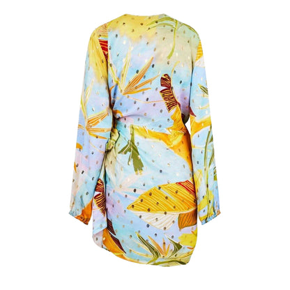Blue-Yellow - Back - Never Fully Dressed Womens-Ladies Floral V Neck Long-Sleeved Wrap Dress