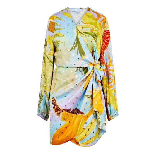 Blue-Yellow - Front - Never Fully Dressed Womens-Ladies Floral V Neck Long-Sleeved Wrap Dress