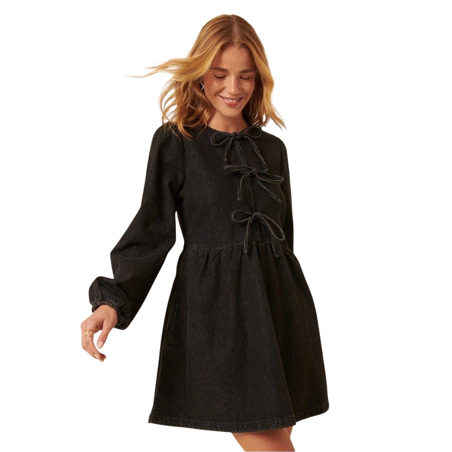 Black - Front - Nobody´s Child Womens-Ladies Eden Denim Tie Neck Mini Dress