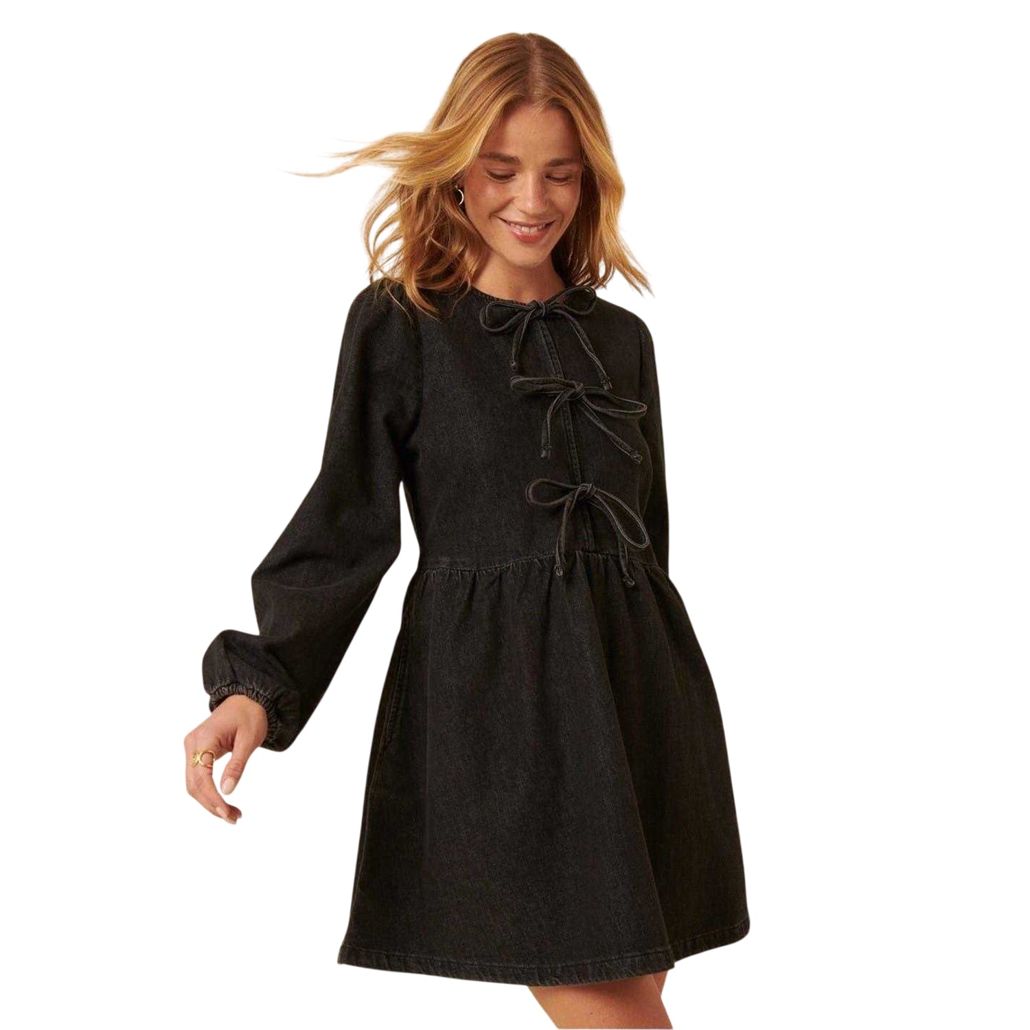 Black - Front - Nobody´s Child Womens-Ladies Eden Denim Tie Neck Mini Dress
