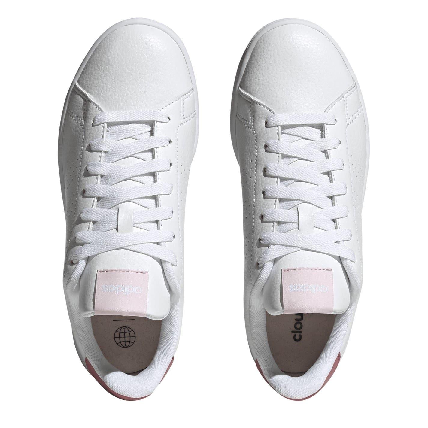 Cloud White-Pink - Pack Shot - Adidas Womens-Ladies Advantage Logo Lace Up Flat Trainers