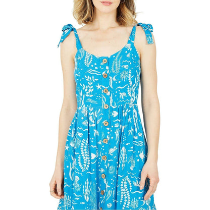 Blue - Side - Yumi Womens-Ladies Sealife Scoop Neck Sleeveless Slip Dress