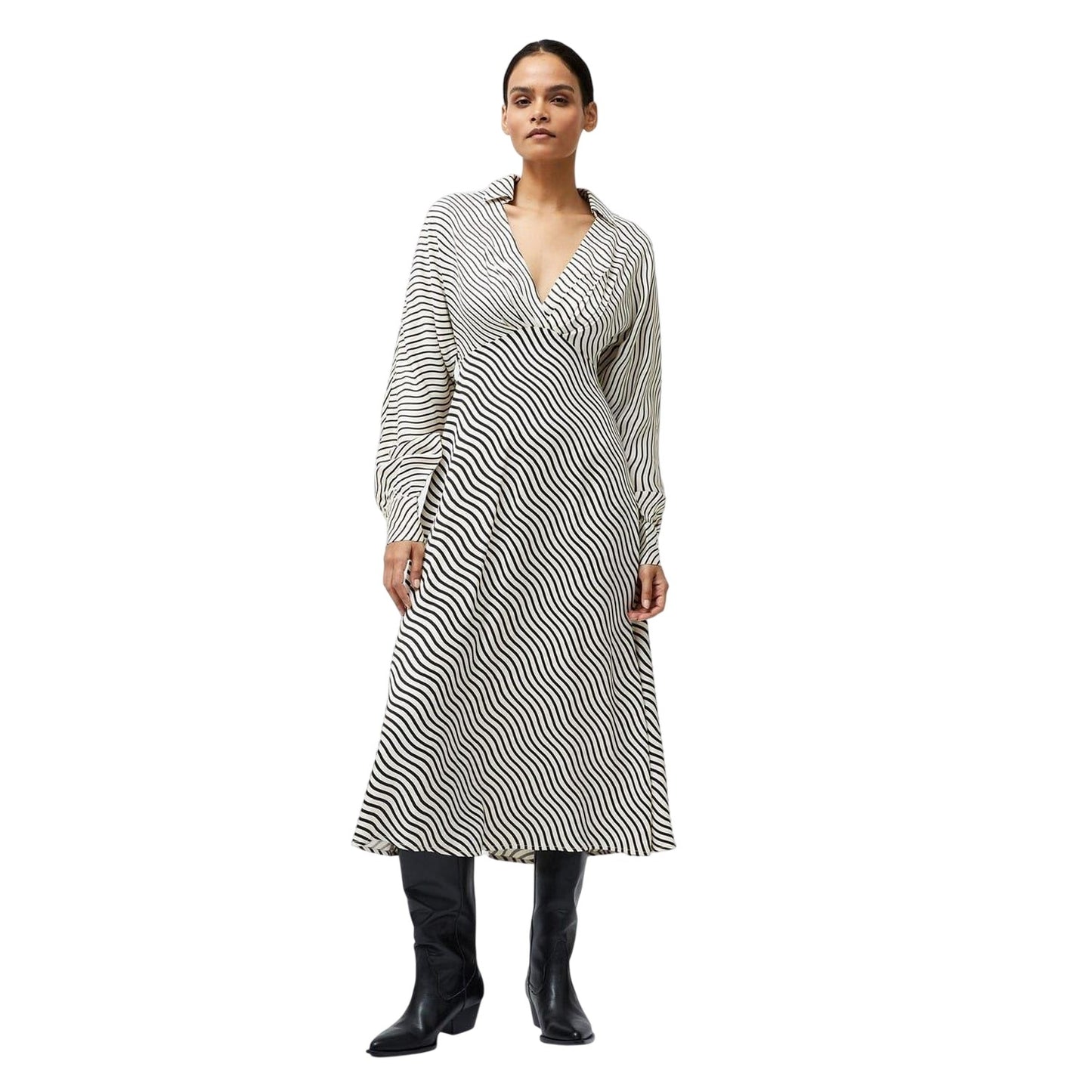 Black-Cream - Lifestyle - French Connection Womens-Ladies Candice Striped V Neck Midi Dress