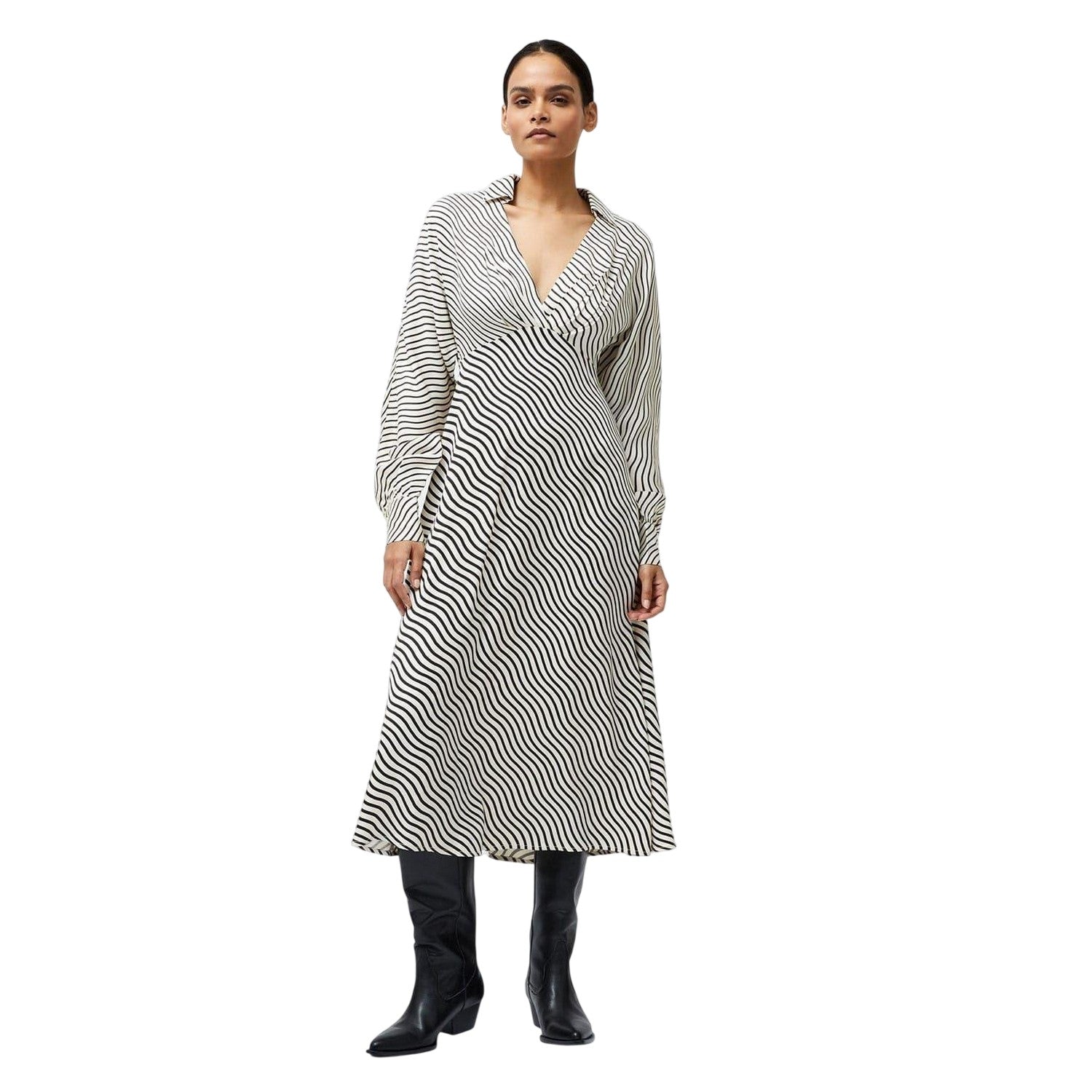 Black-Cream - Lifestyle - French Connection Womens-Ladies Candice Striped V Neck Midi Dress