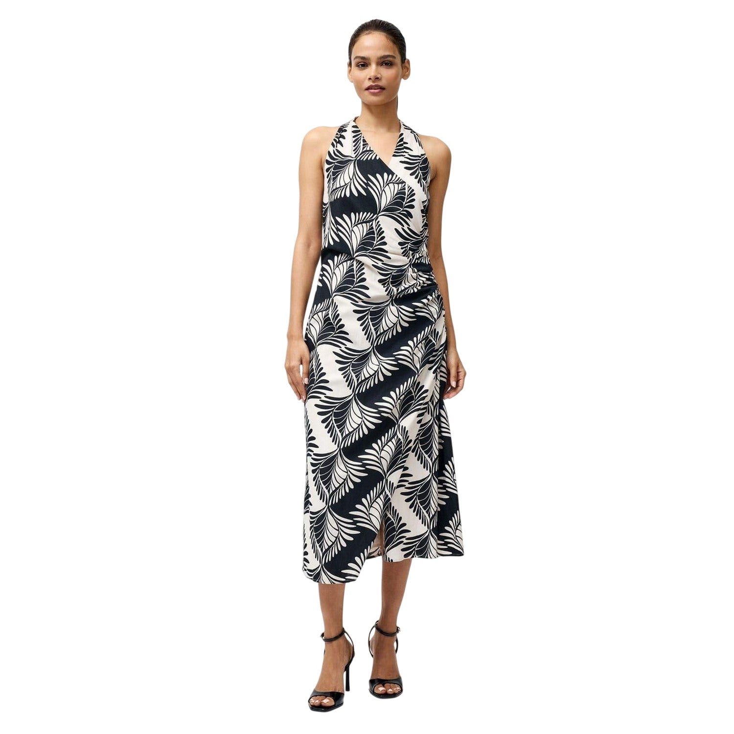 Black-Cream - Lifestyle - French Connection Womens-Ladies Ariette Leaf Print Halter Neck Wrap Dress
